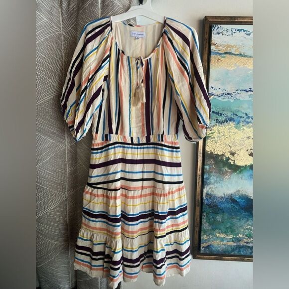 LOST + WANDER Mini Dress Cory Rainbow Cream Sz Medium  Striped Lined Boho - Picture 3 of 15